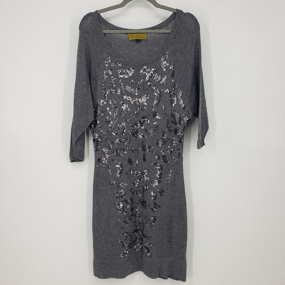 Vintage Y2K Nicole Miller Leopard Sequin Sweater Dress P /‎ XS Dolman 3/4 Sleeve